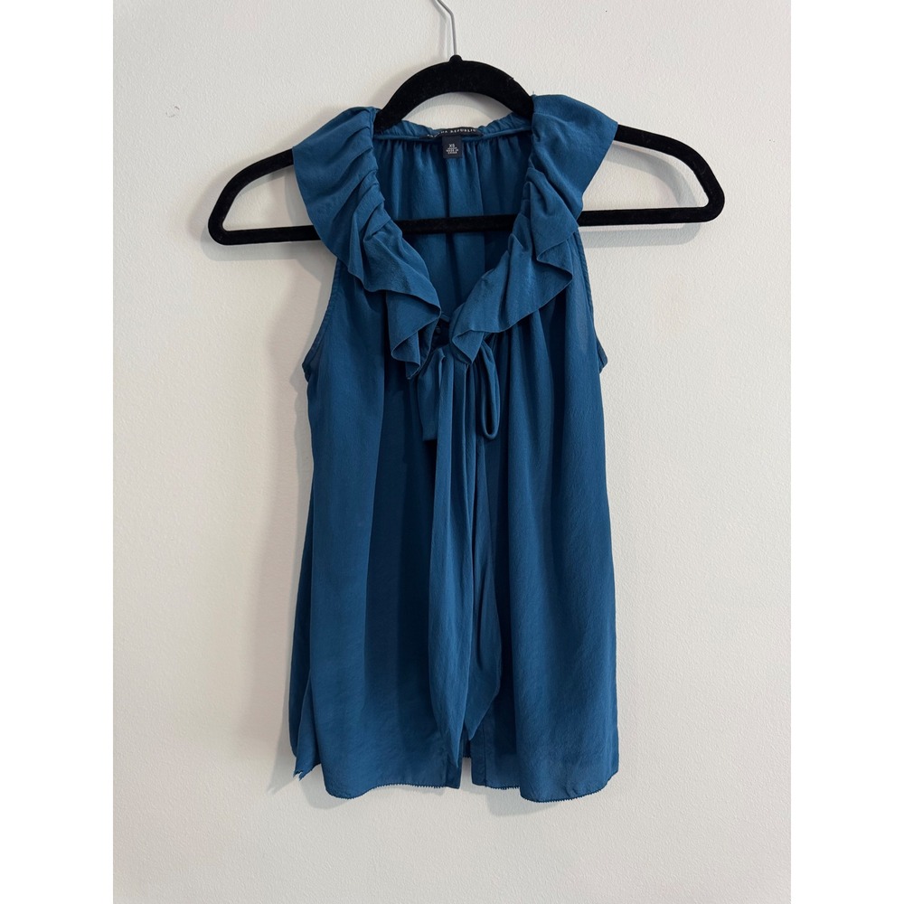 Banana Republic Silk Ruffle Tie Neck Blouse Womens XS Teal Blue Sleeveless Top